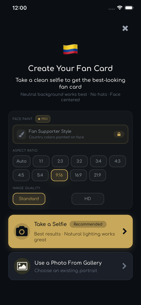 The creation interface of the Glorio app showing aspect ratio and image quality settings for an AI fan card