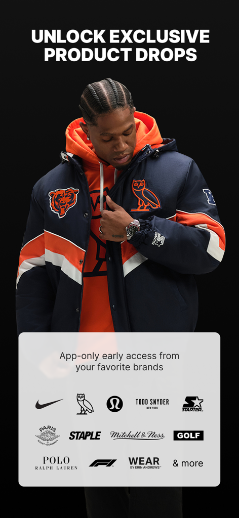 Fanatics app screen showcasing exclusive product drops and premium brand collaborations for sports fans.