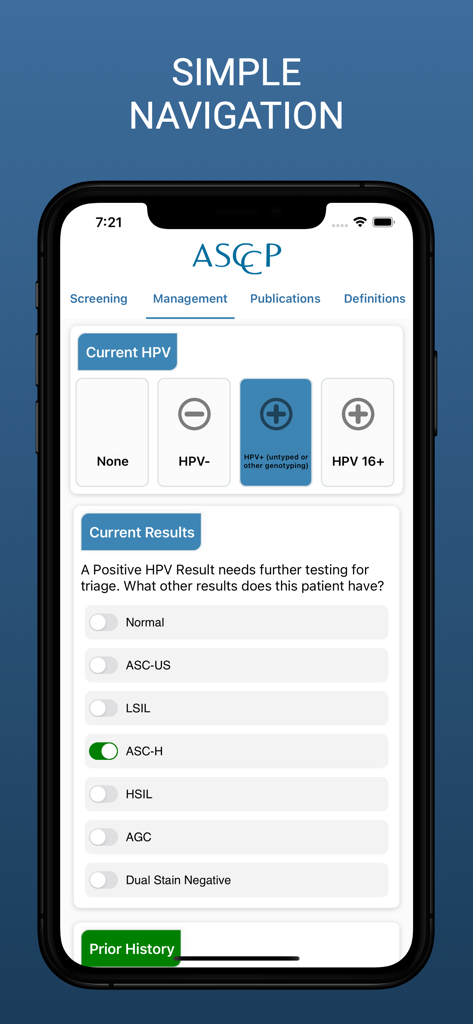Smartphone screen of the ASCCP app showing the clinical management interface for entering HPV and cytology results.