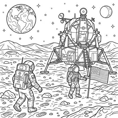 Relive a monumental moment in human history with this detailed Moon Landing coloring page. Depicting astronauts exploring the lunar surface next to their module, it's a perfect blend of history and adventure.