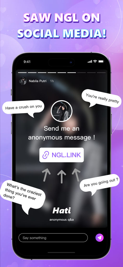 HATI: NGL, Chat, Voice Party - Hati app screenshot showing the NGL anonymous question and answer feature on a social media story interface