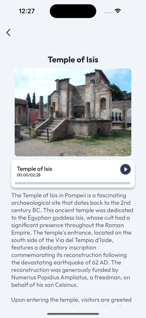 Audioguía y descripción histórica del Templo de Isis en la interfaz de la aplicación de Pompeya