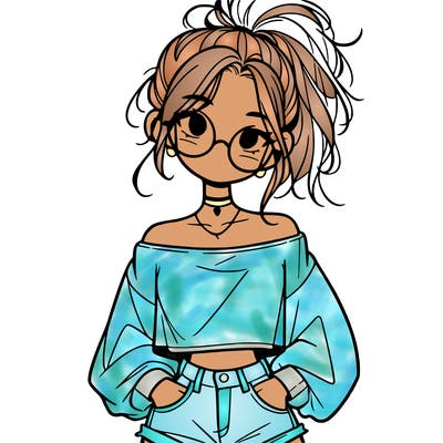 girl with a messy ponytail glasses a baggy crop top and jean shorts