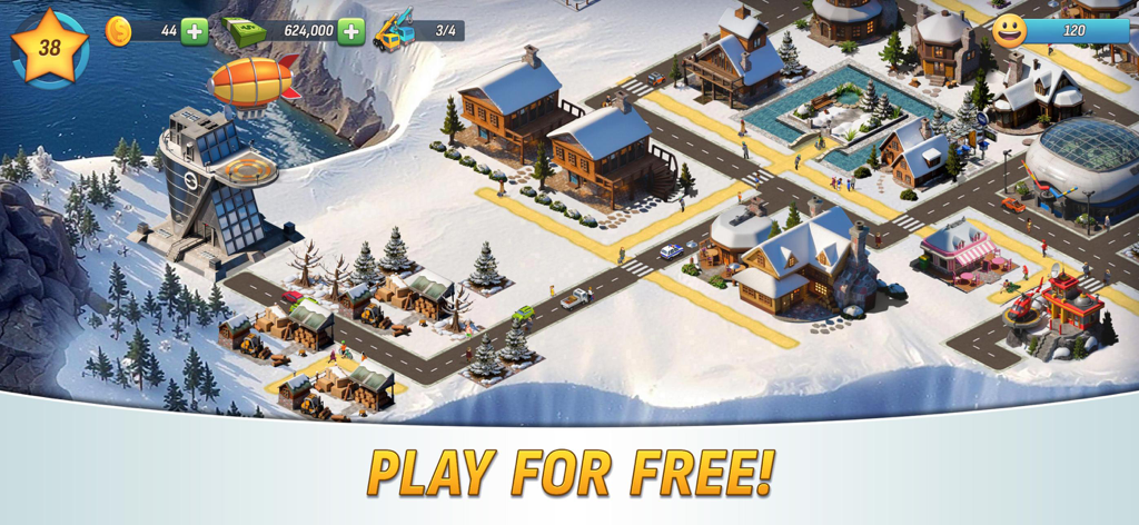 City Island: Deluxe Go Build - City Island Deluxe Go Build gameplay showing a snowy metropolis with diverse buildings