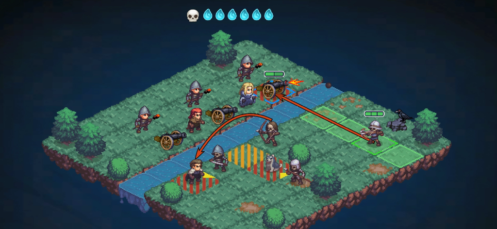 Tyrant's Blessing - Isometric grid-based tactical combat in Tyrant's Blessing showing telegraphed enemy attacks and pixel art heroes.