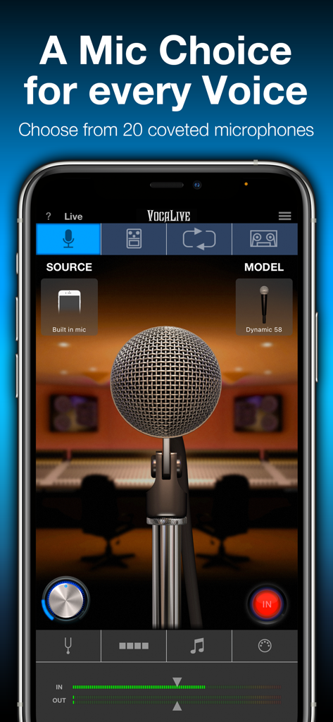 Interfaz de la aplicación VocaLive CS mostrando el modelado y selección de micrófonos de estudio