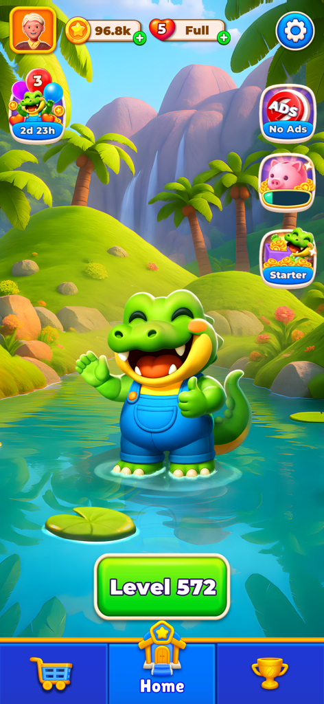 Pet Tunnel Puzzle - Main menu screen of Pet Tunnel Puzzle game with a happy green crocodile character