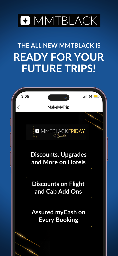 Tela de associação MMTBLACK MakeMyTrip mostrando descontos em hotéis e voos, além de recompensas myCash garantidas