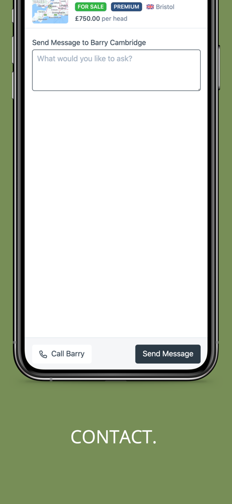 SellMyLivestock app contact screen for messaging and calling livestock sellers