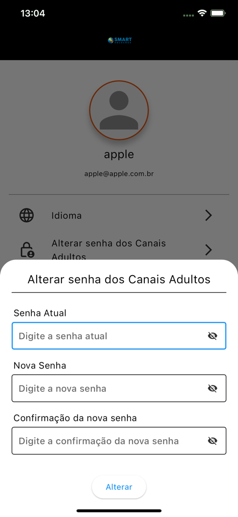 SmartPlay - SmartPlay app interface showing the change password screen for adult channels in Portuguese.