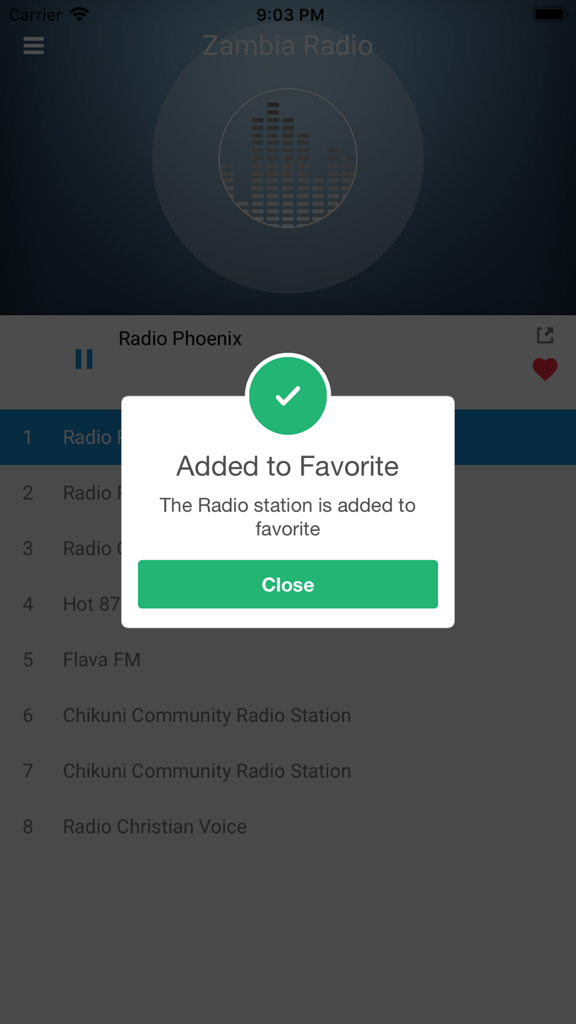 Zambia Radio Station FM Live - A mobile screen showing a confirmation popup for adding a station to favorites in the Zambia Radio app.