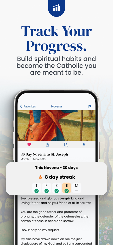 Sanctifica: Catholic Calendar - Mobile app screen showing an 8 day streak for a 30 day Novena to Saint Joseph within the Sanctifica app