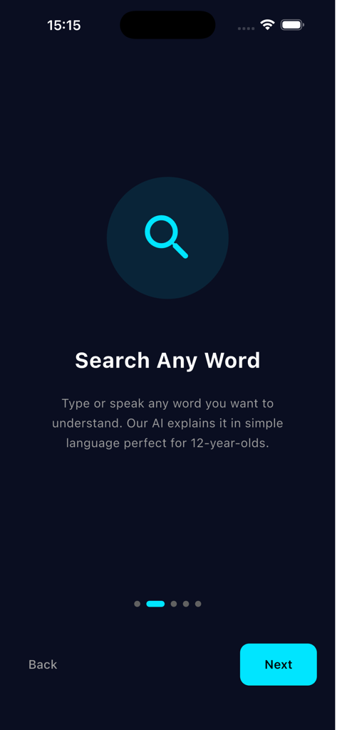 Word Explainer - Onboarding screen of Word Explainer app showing the search word feature with AI simple language explanations