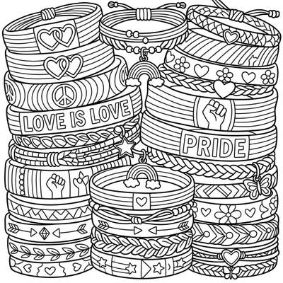 Discover a beautifully detailed coloring page showcasing a vibrant collection of bracelets, each celebrating Pride Month with meaningful symbols. This complex design offers hours of creative expression for adults looking to unwind and connect with the spirit of love and diversity.