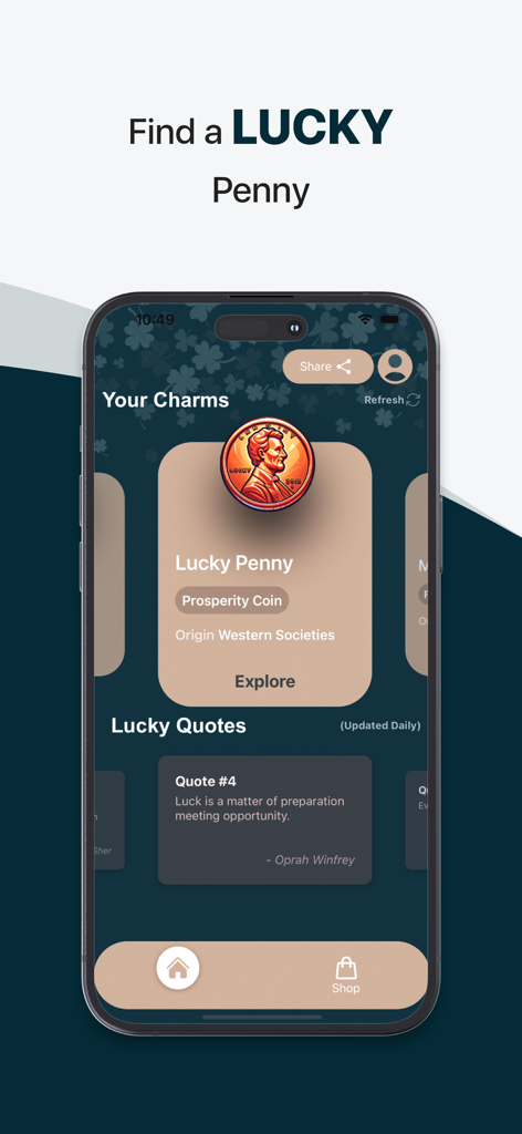 Screenshot of the Lucky Charms App showing a Lucky Penny prosperity coin and a daily lucky quote by Oprah Winfrey