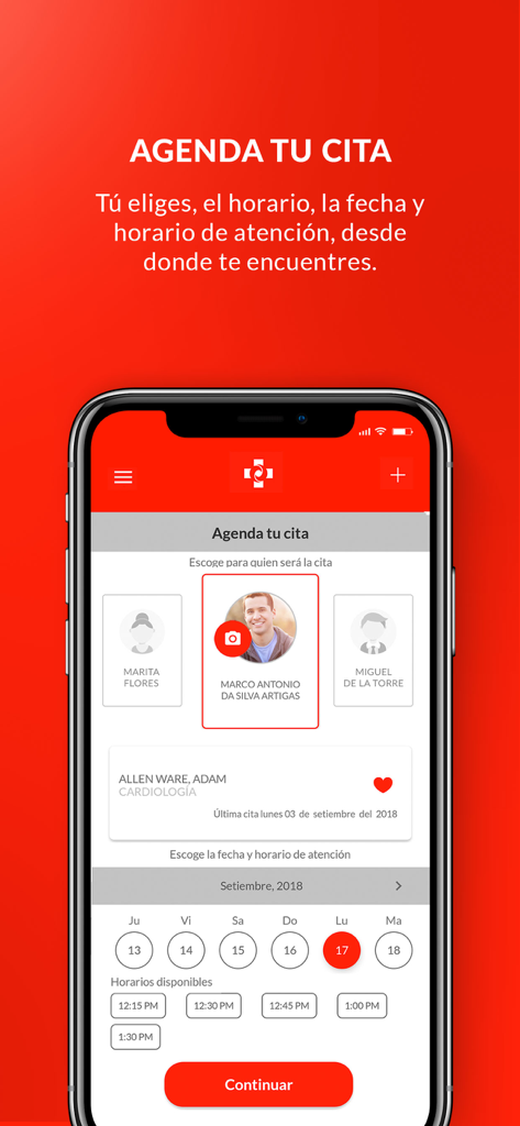 Peruano Japones SALUD app interface for booking medical appointments and selecting doctors