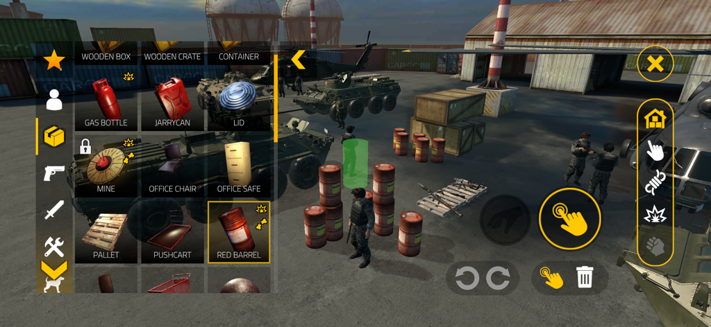 BloodBox Sandbox building mode showing item menu and industrial map environment