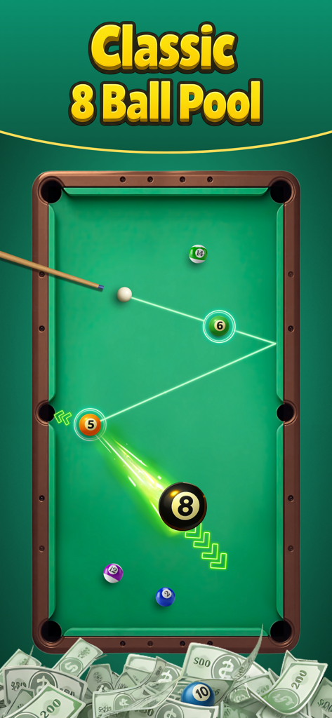 8 Ball Cash Real Money Pool - Realistic 8 ball pool mobile game interface with classic billiard gameplay and cash prize visuals