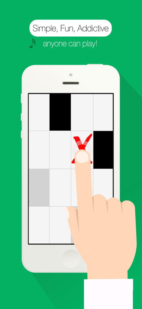 A hand tapping a white tile in the Piano Tiles game resulting in a red X