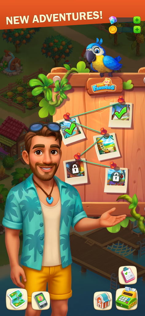 The Farmers: Island Adventure - A man in a tropical shirt next to an adventure quest board with a blue parrot