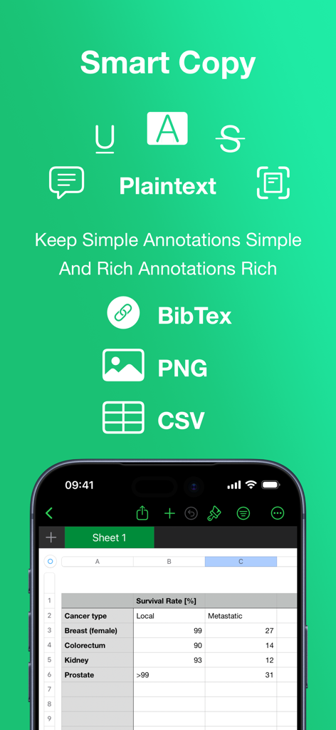 Highlights: PDF Reader & Notes - Fonctionnalité Copie Intelligente de l'application Highlights affichant les options d'exportation pour BibTex, PNG et CSV avec une vue de feuille de calcul intégrée.