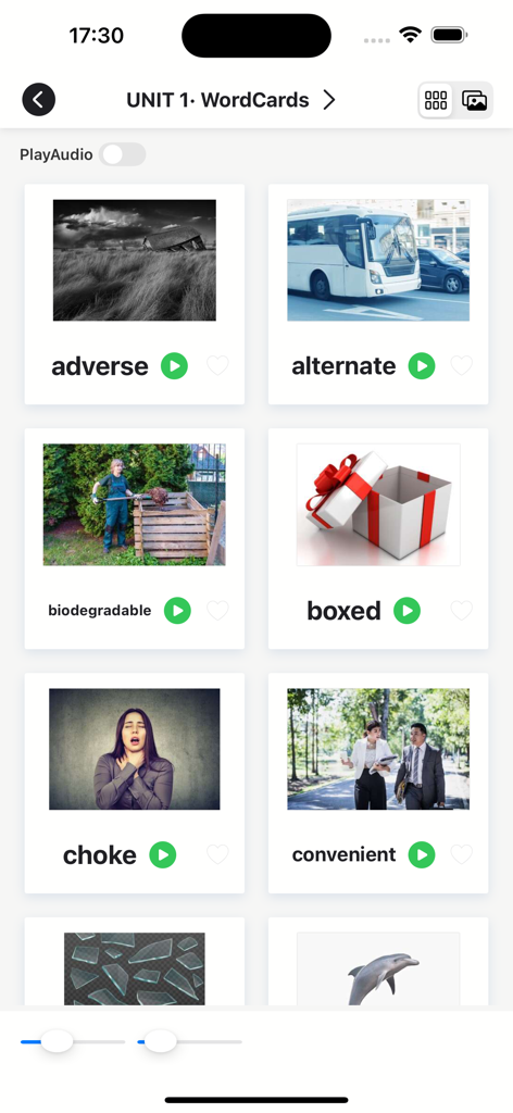 4000 Essential English Words ⑹ - Tarjetas de vocabulario avanzado de inglés en la aplicación 4000 Essential English Words que muestran palabras como 'adverse' y 'biodegradable' con imágenes.