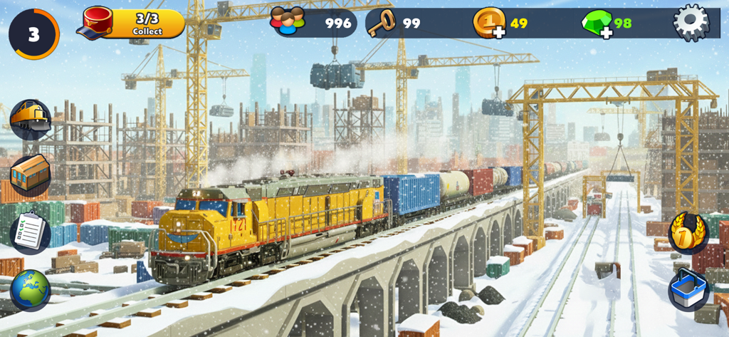 Yellow freight train on a snowy railroad bridge in an industrial construction site.