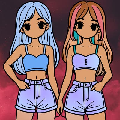 two sisters with crop tops and jean shorts and straight hair