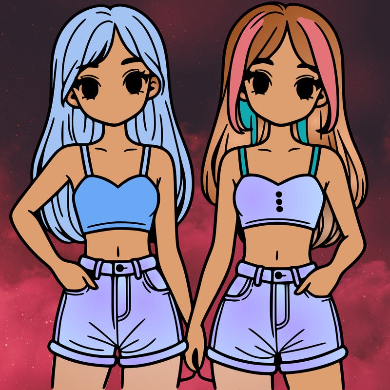 two sisters with crop tops and jean shorts and straight hair