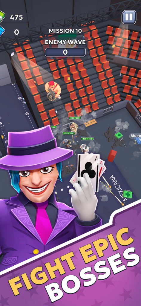 SWAT 2: Hero Squad - Un sinistro personaggio boss in un abito viola che tiene in mano carte da gioco sopra un combattimento tattico in uno stadio.