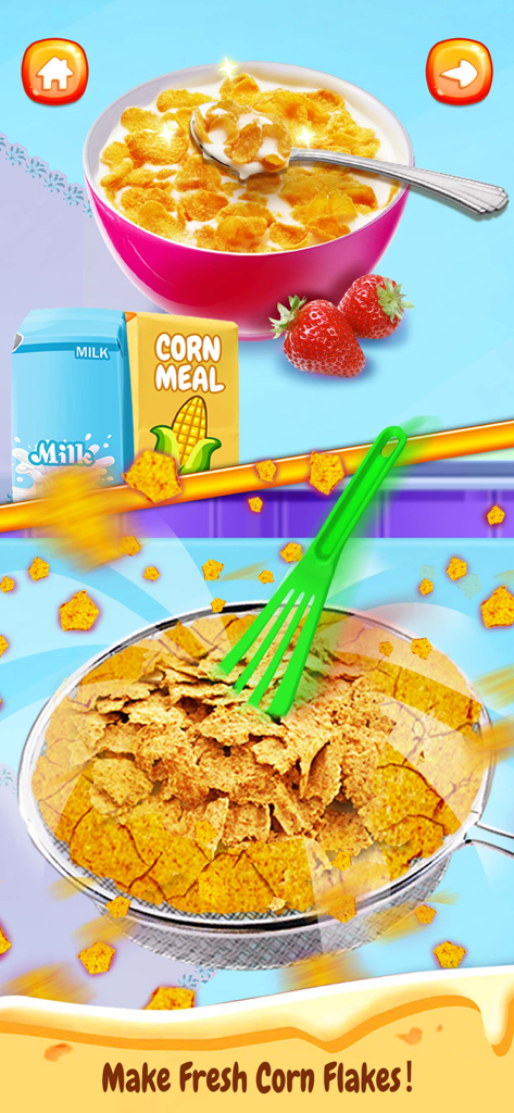 A step in a cooking game showing the process of making fresh corn flakes with milk and strawberries.