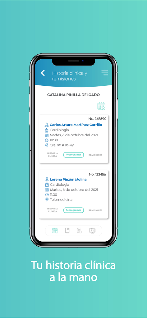 Coomeva MP app screen displaying clinical history and medical appointment details