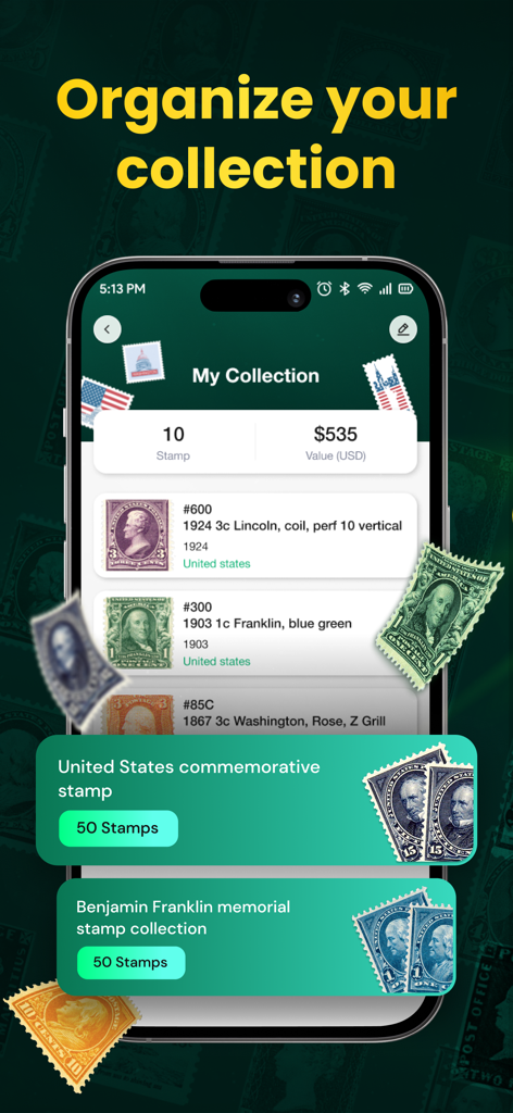 Interface of Stamp Identifier app displaying a digital collection of US stamps with their estimated values.