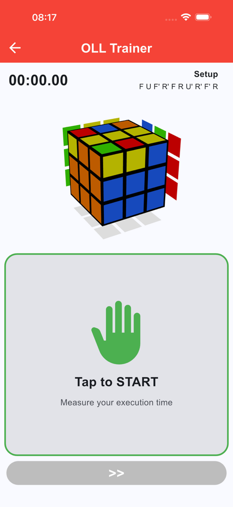 OLL Trainer screen in CFOPTrainer app featuring a 3D Rubik's cube model and a Tap to Start execution timer.