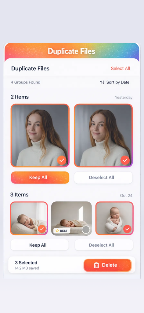 AI 사진 정리 앱 인터페이스로, 중복 사진 감지 및 삭제 옵션을 보여줍니다.