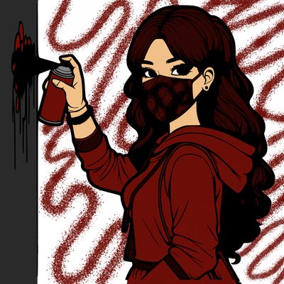 realistic girl with mask spray painting a wall