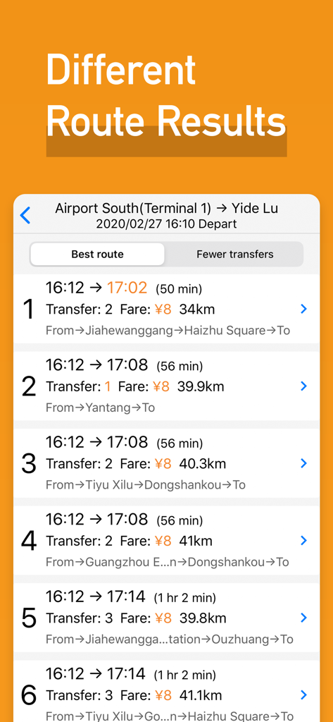 MetroMan app interface displaying multiple subway route results for Guangzhou with travel time and fare details