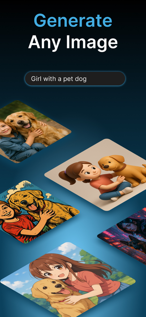 Interfaz de la aplicación Vivana mostrando la función de generación de imágenes IA con diferentes estilos artísticos para el prompt de una niña con un perro.