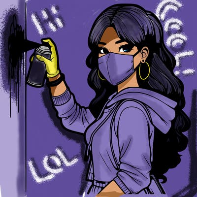 realistic girl with mask spray painting a wall