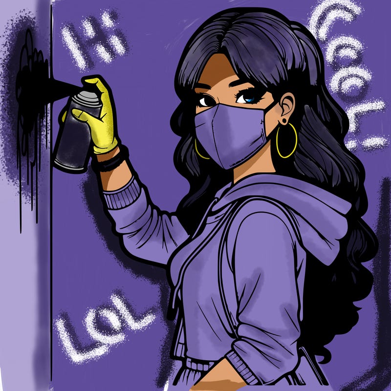 realistic girl with mask spray painting a wall