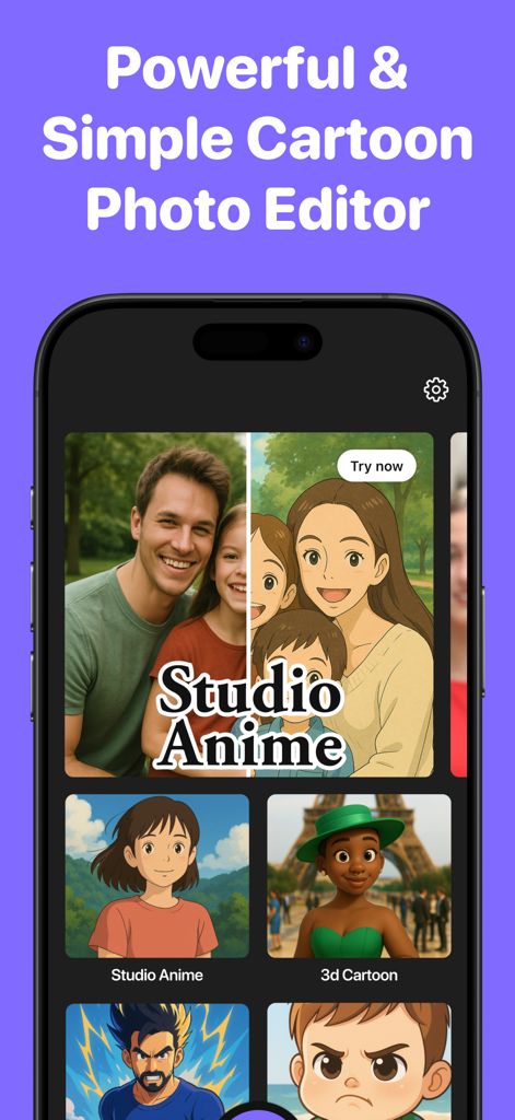 Cartoon Yourself: CartoonPic - Interfaz de la aplicación Cartoon Yourself mostrando varios filtros de caricatura y anime con IA aplicados a fotos de retratos