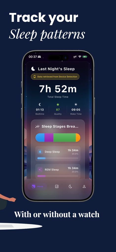 Epicnap: Sleep Procrastination - Epicnap app interface showing total sleep time and detailed sleep stages breakdown