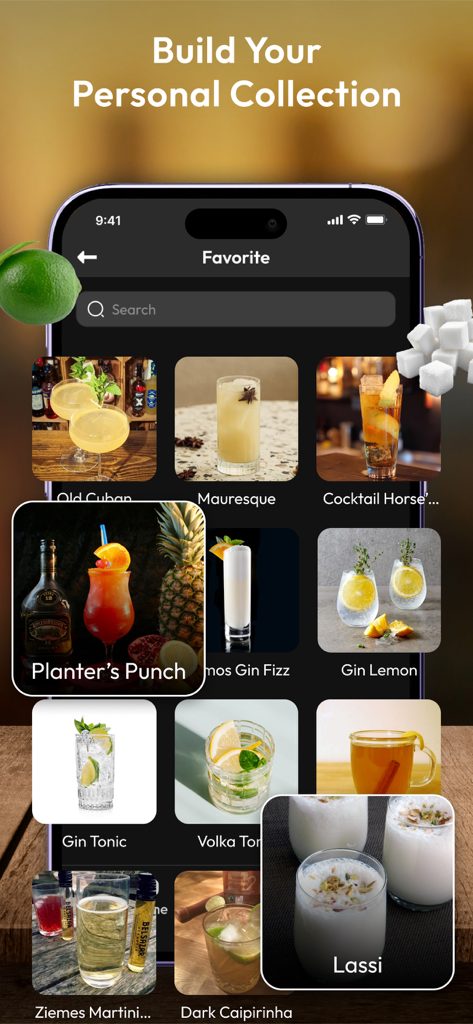 Una interfaz de aplicación móvil que muestra una colección personalizada de recetas favoritas de cócteles y mocktails con imágenes.
