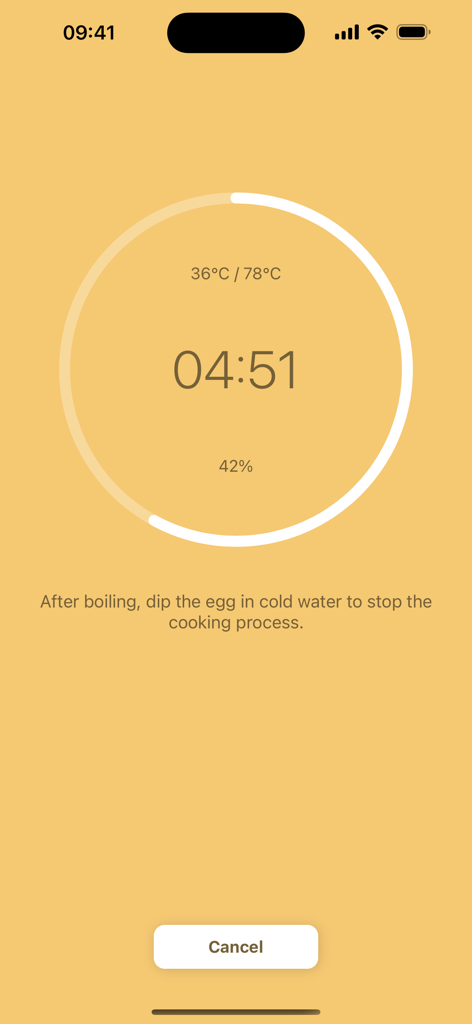 Egg Timer Plus app interface showing an active egg cooking timer with temperature progress and culinary tips.