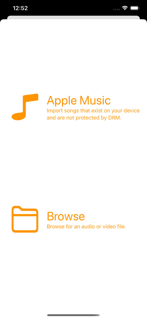 Ruffio: Backing track creator - Ruffio app import screen with options to select songs from Apple Music or browse for local audio and video files