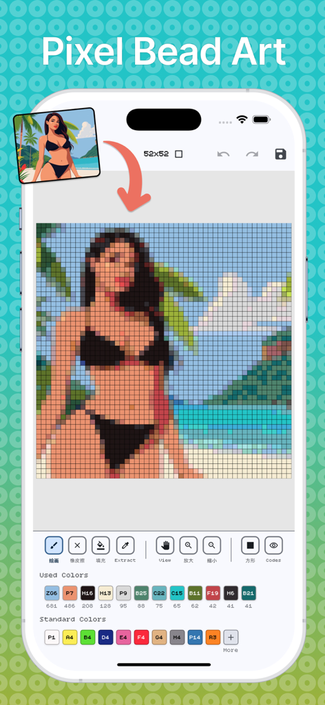 BeadHub - Interface of the BeadHub app showing a portrait being converted into a pixel art pattern with color palettes and editing tools