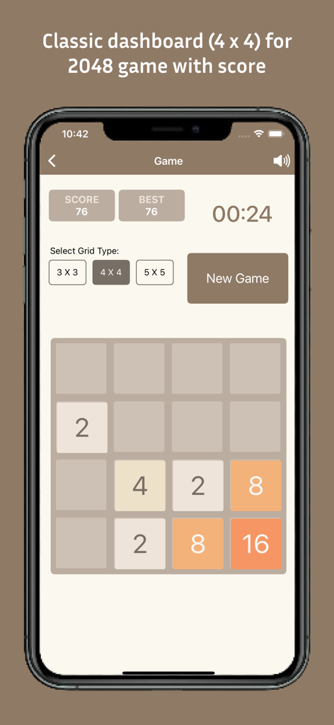 Classic 4x4 grid dashboard for the 2048 number puzzle game showing tiles and scores