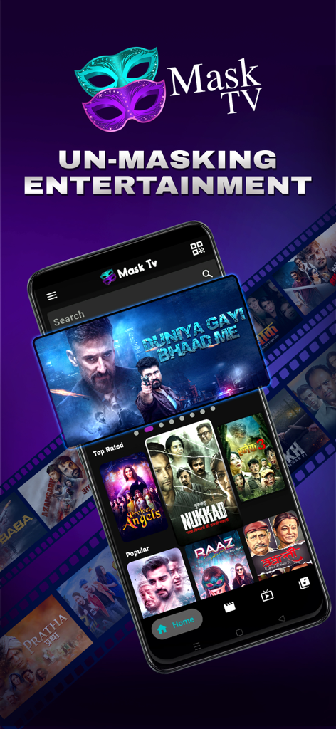 Mask TV - Interfaz de la aplicación Mask TV mostrando una selección de series web y películas indias en una pantalla móvil