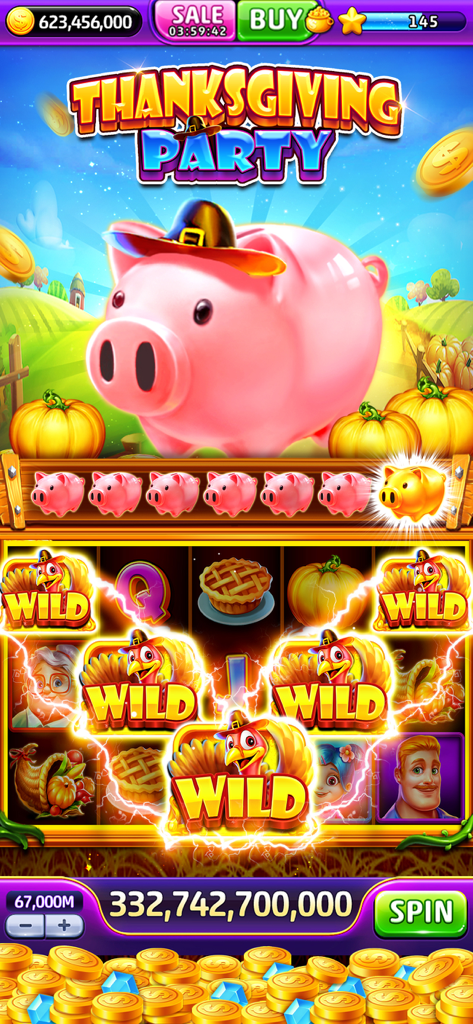 Jackpot World™ - Casino Slots - Máquina tragaperras móvil Jackpot World con temática de fiesta de Acción de Gracias, con una hucha y símbolos de pavo.