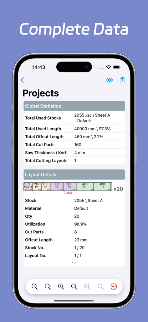 Bildschirmansicht des Mobiltelefons mit globalen Projektstatistiken und detailliertem linearem Zuschnittlayout in CutList Optimizer